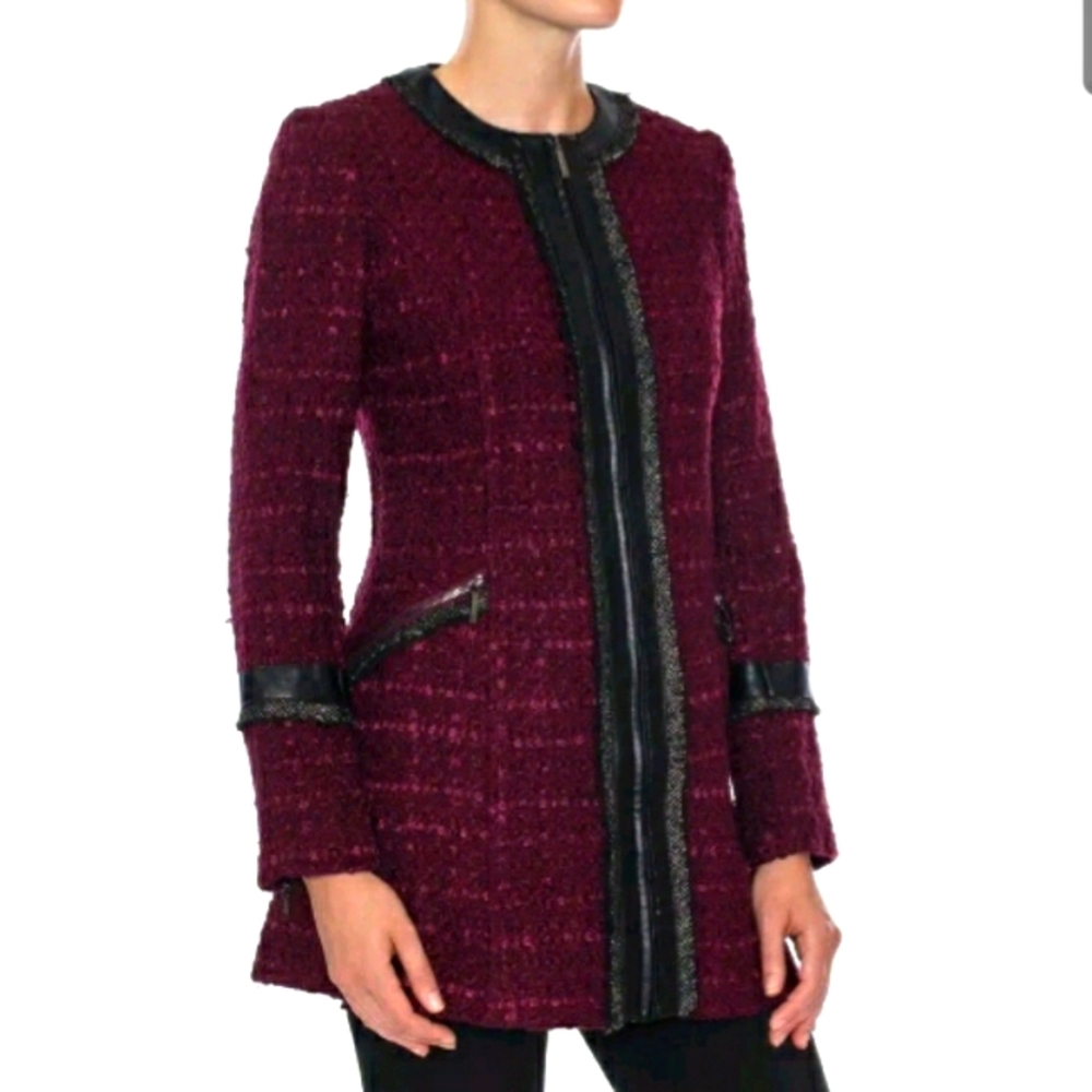 Laundry by Shelli Segal Tweed Boulce Burgundy Petite Sm Zip Jacket Blazer NWOT